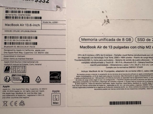 MacBook Air M2 2022 8GB 256GB SSD 100% Batería