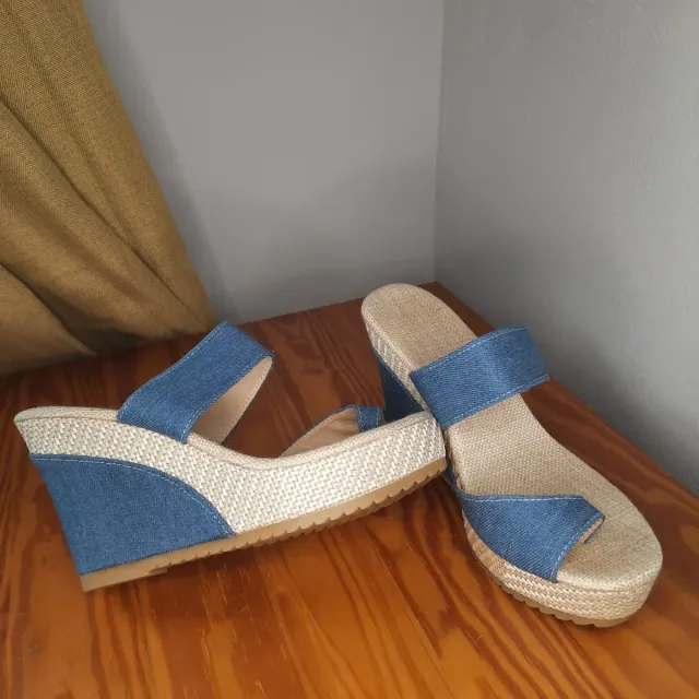 Sandalias cuña denim y esparto