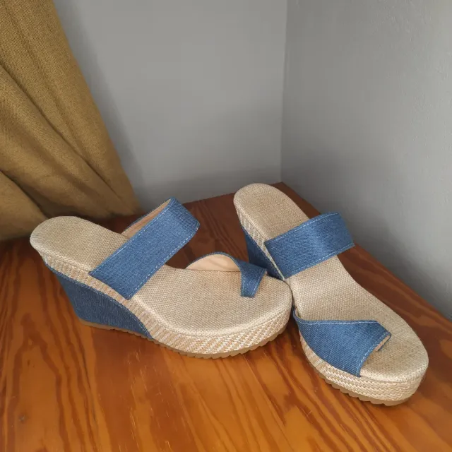 Sandalias cuña denim y esparto