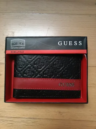 Cartera Guess ID Billfold Cuero Genuino Negra Roja
