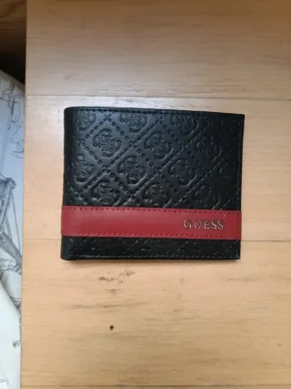 Cartera Guess ID Billfold Cuero Genuino Negra Roja