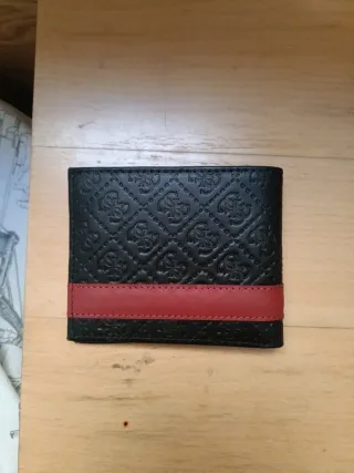 Cartera Guess ID Billfold Cuero Genuino Negra Roja