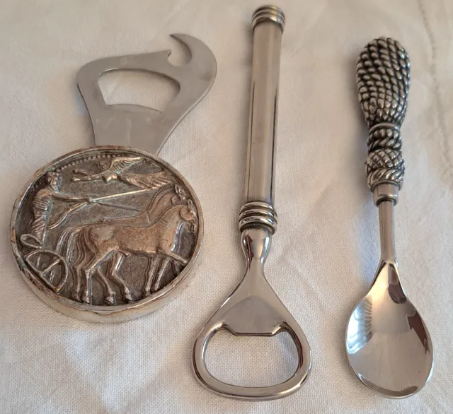 Juego de abridores y cucharita, plateados, vintage