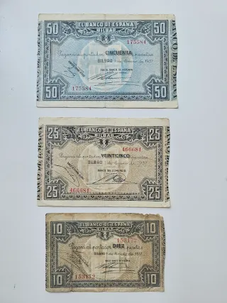 Lote 3 Billetes Banco de España Bilbao 1937