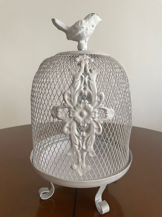 Portavelas decorativo pájaro metal blanco