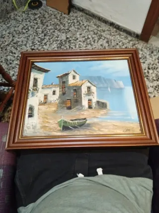 Cuadro al óleo artístico de casas y mar