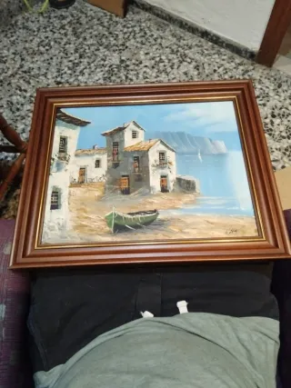 Cuadro al óleo artístico de casas y mar