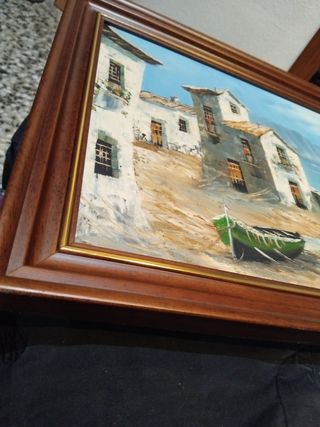 Cuadro al óleo artístico de casas y mar