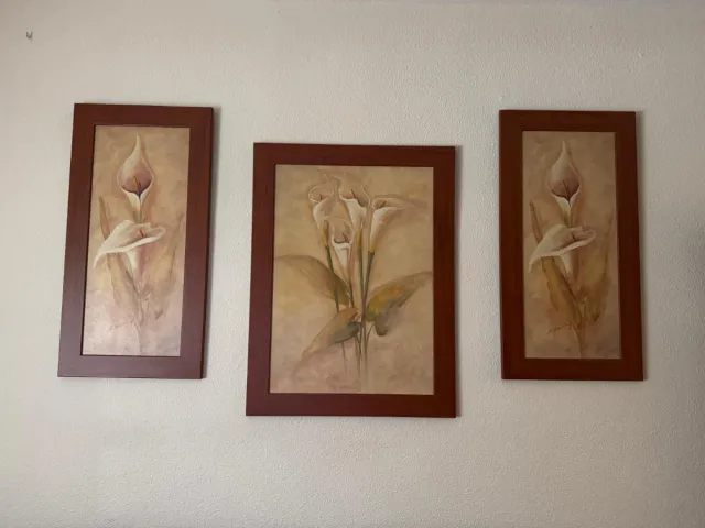 Set 3 Cuadros Flor Cala Beige y Marrón