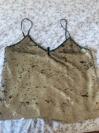 Top lentejuelas bicolor dorado y turquesa