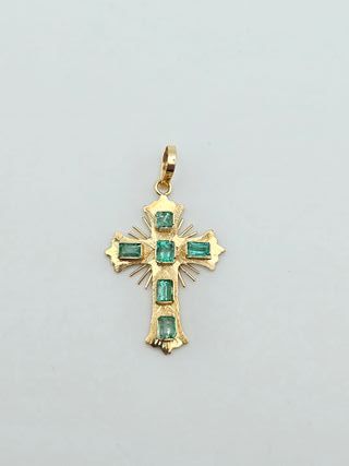 Colgante Oro 18K, Cruz con Esmeraldas, 1,44gr, 3cm