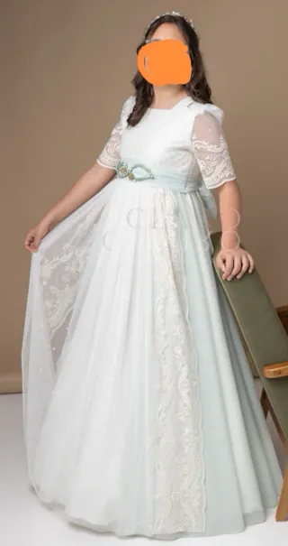 Vestido de Comunión Blanco y verde agua Talla 130