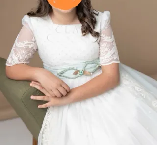 Vestido de Comunión Blanco y verde agua Talla 130