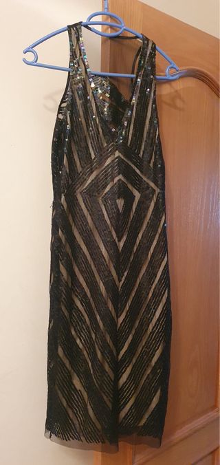 Vestido de fiesta lentejuelas negro y beige