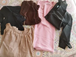 Lote de blusas: beige, negras, marrón,chaleco rosa