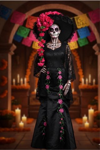 Falda Disfraz Halloween Negra Flores Rosas