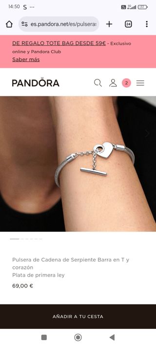 Pulsera Pandora Cadena Serpiente T Corazón Plata
