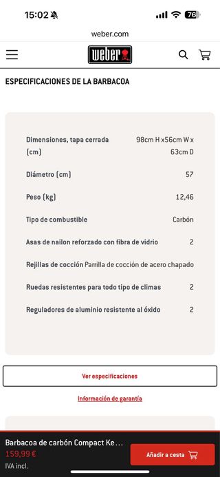 Barbacoa Weber Kettle 57cm Negra