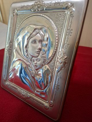 Quadretto radica e argento 925 Maria e Gesù 24x19