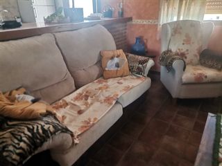 Sofás de tela beige y granate (cama)