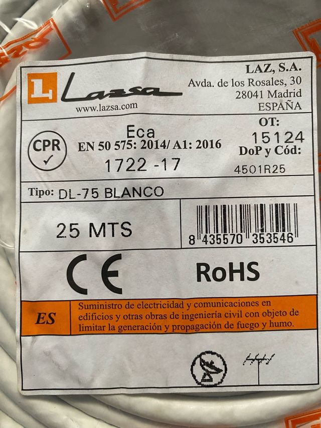 Cable Antena Lazsa 25m DL-75 BLANCO