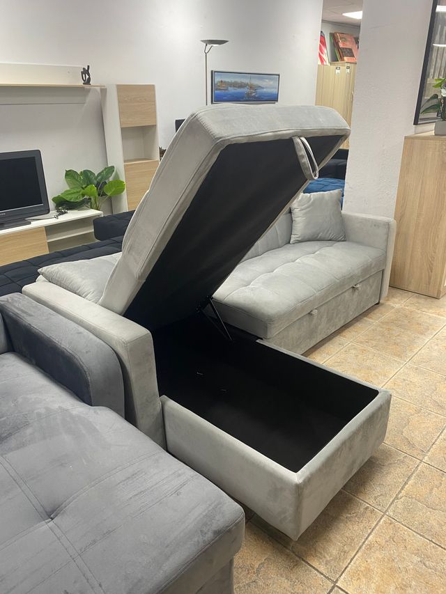 Sofá Cama Chaise Longue Gris Terciopelo + arcón