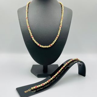 COLLAR BOLAS DIAMANTADAS Y PIEDRAS ROJAS. Oro 18K.