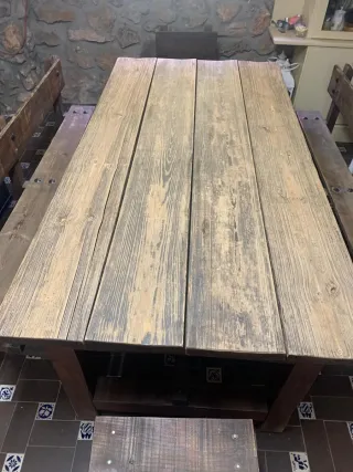 Mesa Rústica Pino Macizo con Bancos y Sillas