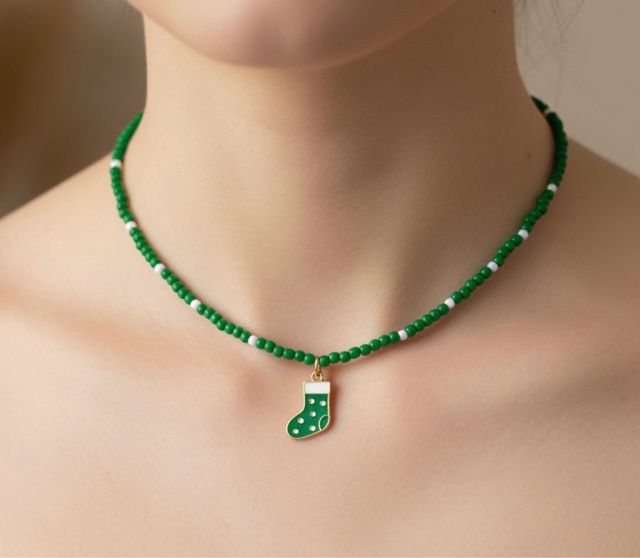 Collar Cuentas Navidad Verde y Blanco