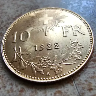 Moneda de oro Suiza 10 Francos 1922