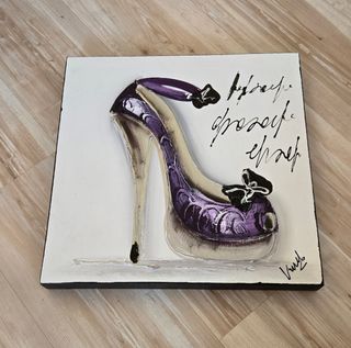 Cuadro lienzo zapato tacón morado y plateado