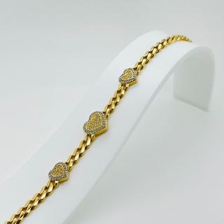 PULSERA BARBADA 3 CORAZONES Y CIRCONITAS. Oro 18k.