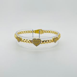 PULSERA BARBADA 3 CORAZONES Y CIRCONITAS. Oro 18k.