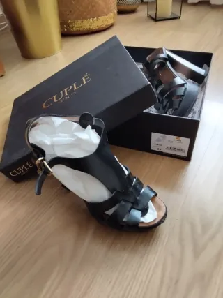 Sandalias Cuplé Piel Tacón Plataforma Negras T.39