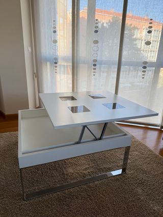Mesa centro elevable blanca con cristal y metal