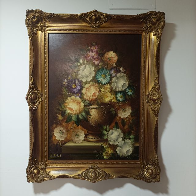 Óleo sobre lienzo. Jarrón floral de R. Michel 