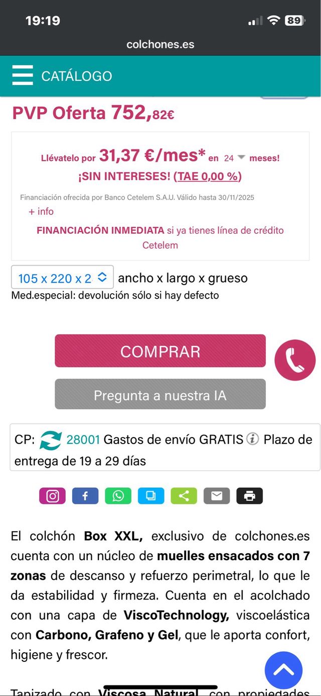 Colchón muelles ensacados 105x220. Ref. A