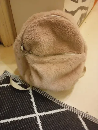Mochila Bolso Peluche Beige/Rosa