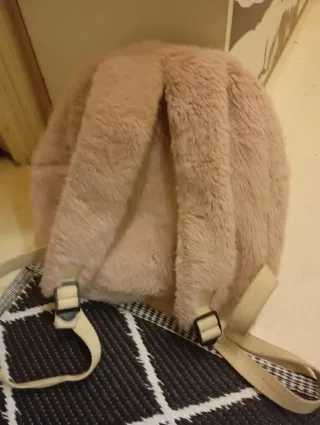Mochila Bolso Peluche Beige/Rosa
