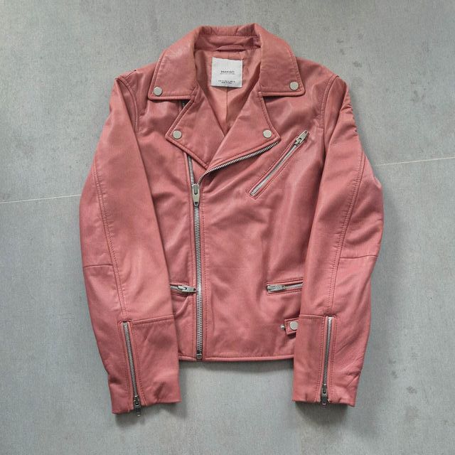 Mango - Chaqueta Biker Cuero Auténtico Rosa