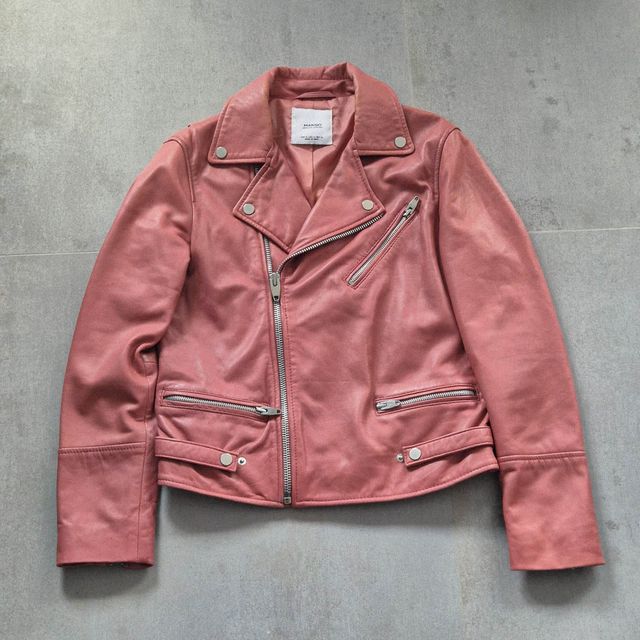 Mango - Chaqueta Biker Cuero Auténtico Rosa
