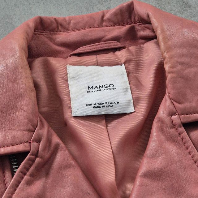 Mango - Chaqueta Biker Cuero Auténtico Rosa