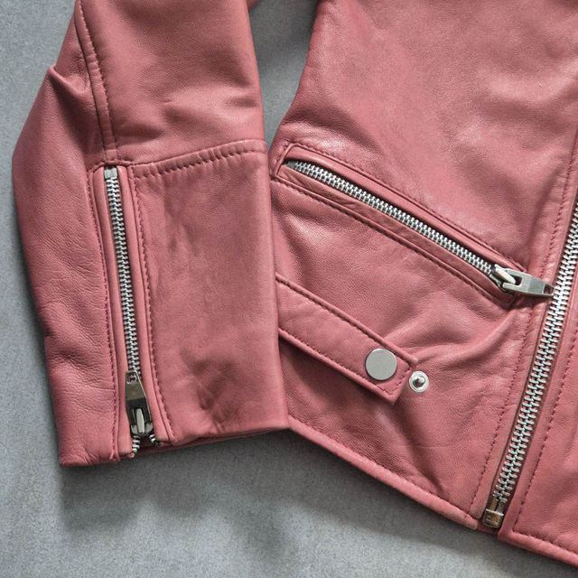 Mango - Chaqueta Biker Cuero Auténtico Rosa