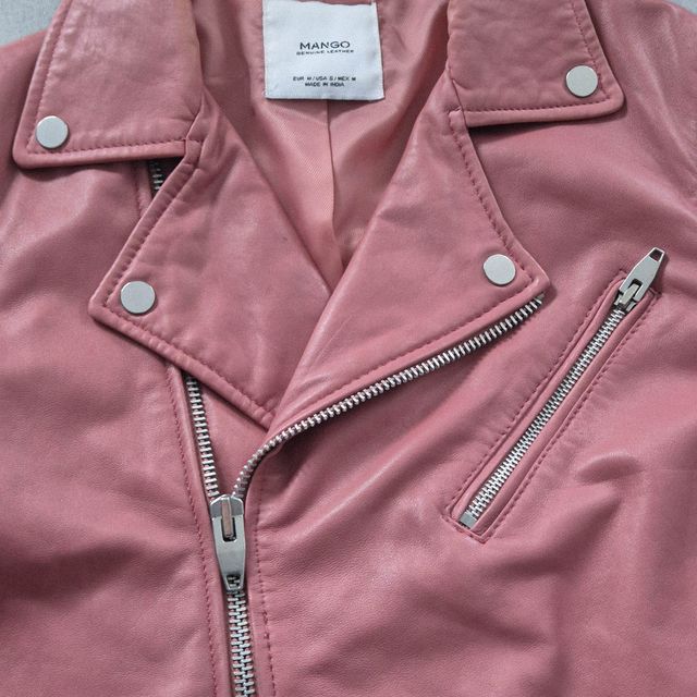 Mango - Chaqueta Biker Cuero Auténtico Rosa