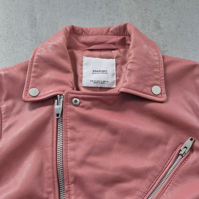 Mango - Chaqueta Biker Cuero Auténtico Rosa