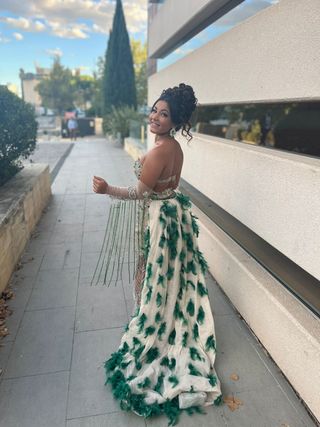 Vestido de fiesta gitana blanco y verde