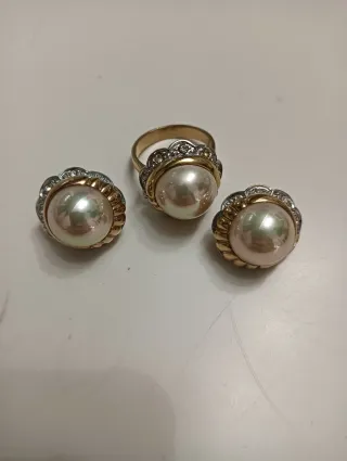 Conjunto Anillo y Pendientes Chapado Oro Perla