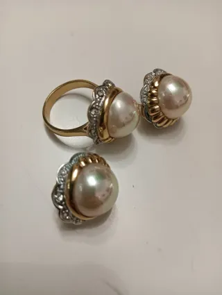 Conjunto Anillo y Pendientes Chapado Oro Perla