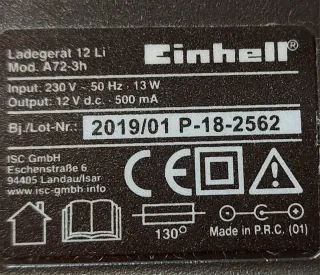 Cargador Einhell 12V 500mA DC Mod. A72-3h