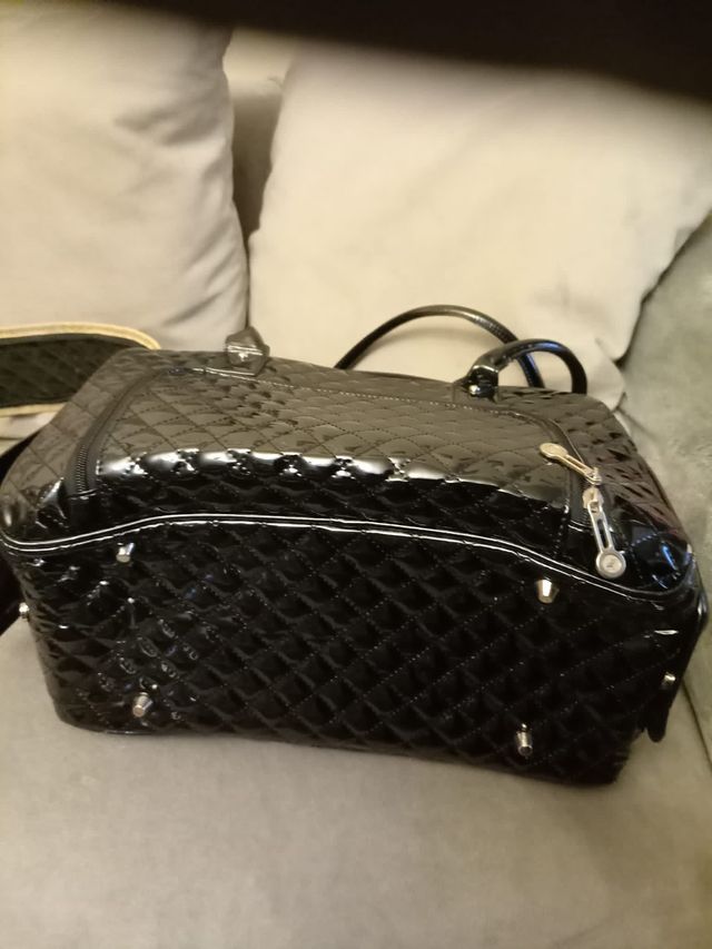 Bolso negro transporting chihuahua.